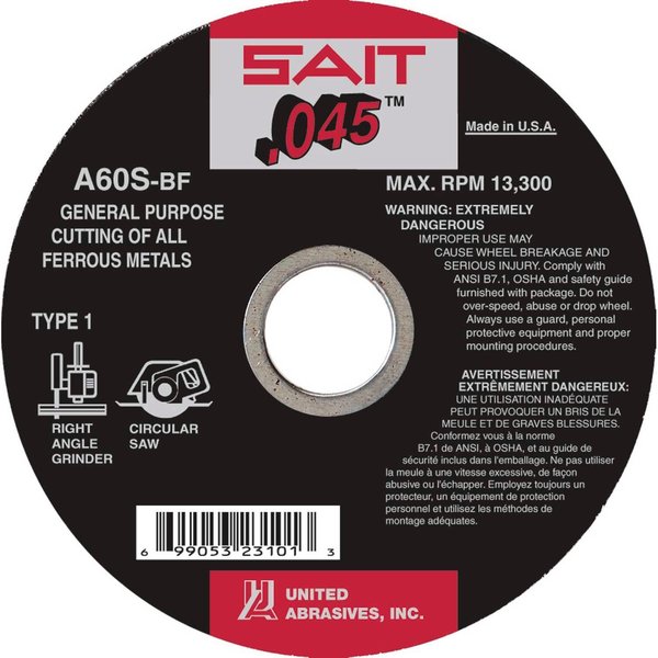 Global Industrial United Abrasives - Sait 23105 Cut Off Wheel Type 1 A60S 6 x .045 x 5/8 60 Grit Aluminum Oxide B2232905
